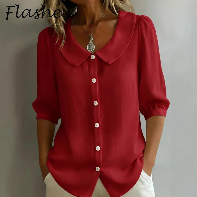 Summer Loose Shirt Women Button Tops Casual Cotton Linen Blouse Shirt Blusa Casual Short Sleeve Shirts For Women Thin Cardigan