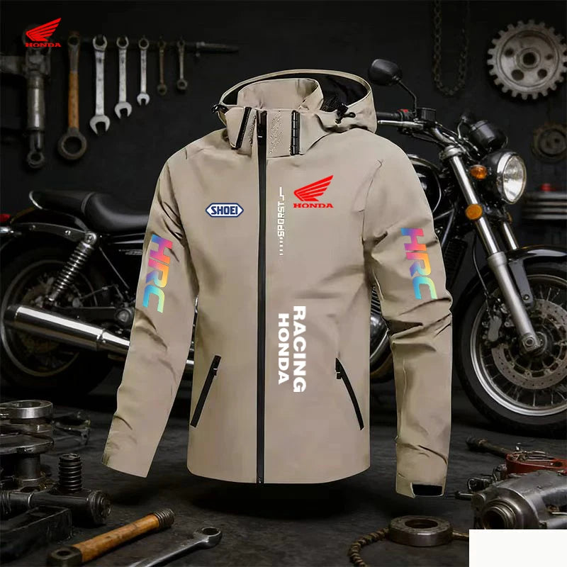 Honda Logo Comfortable Men's Windproof and Rainproof Jacket, Suitable for All Seasons, with a Brim and Solid Color Design. The H