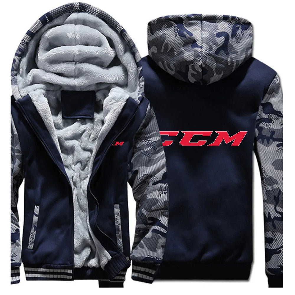 CCM Men's Winter Hoodies Thickened Warm Coat 2023 New Men Casual Coat Fashion Zipper Solid Color Fleece Long Sleeve Jacket Top