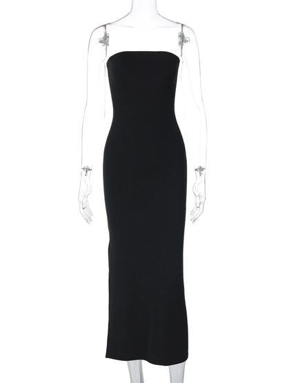 Hugcitar Black Strapless Long Sleeve Sexy Bodycon Maxi Prom Dress 2024 Fall Winter Elegant Women Outfit Evening Party Festival