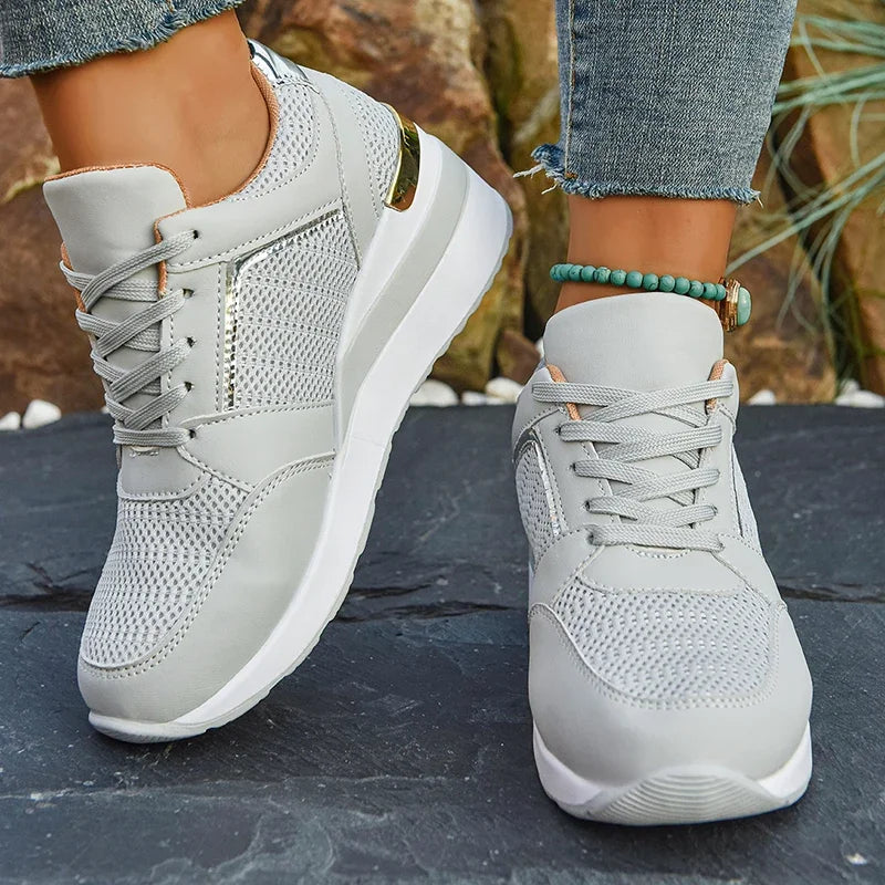 2026 Spring Gold Silver Mesh Wedge Sneakers Women Lightweight Platform Heels Casual Shoes Woman Plus Size 36-43 Lace Up Sneakers