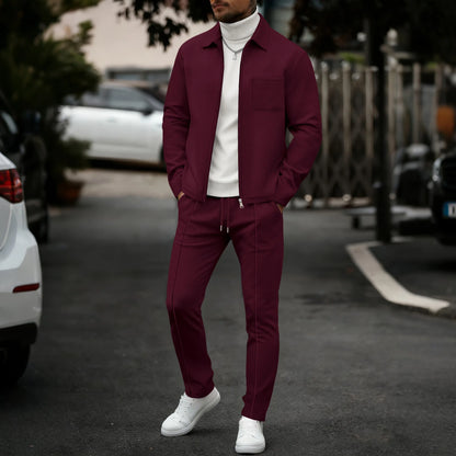 Men's fashionable casual plain-color waffle knit pullover with zipped pocket and collar, high-quality men's jacket, trousers set