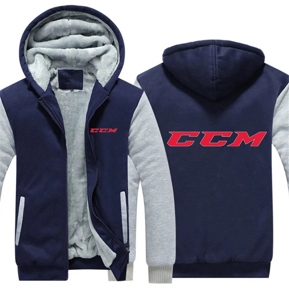 CCM Men's Winter Hoodies Thickened Warm Coat 2023 New Men Casual Coat Fashion Zipper Solid Color Fleece Long Sleeve Jacket Top