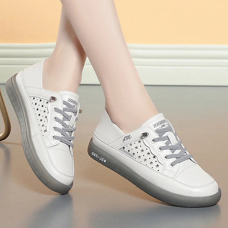 Women's Lace-up Breathable Soft Leather Sneakers  Casual Fashionable Sports Shoes Vulcanized  Summer Flat Low Heel Shoes