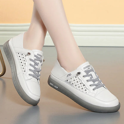 Women's Lace-up Breathable Soft Leather Sneakers  Casual Fashionable Sports Shoes Vulcanized  Summer Flat Low Heel Shoes